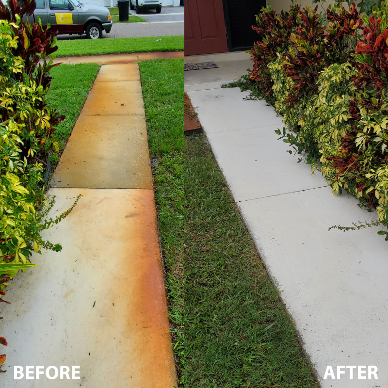 An before and after comparison image of a sidewalk. On the left, a rusty, gross sidewalk. On the right, a clean, inviting, and smooth sidewalk.